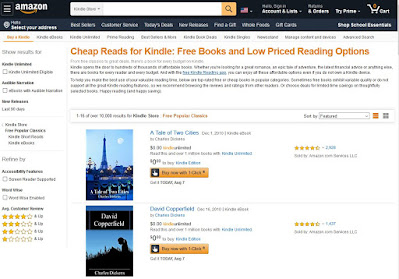 Screen shot of Amazon's page on Kindle Cheap Reads - Free and Low Priced Reading Options