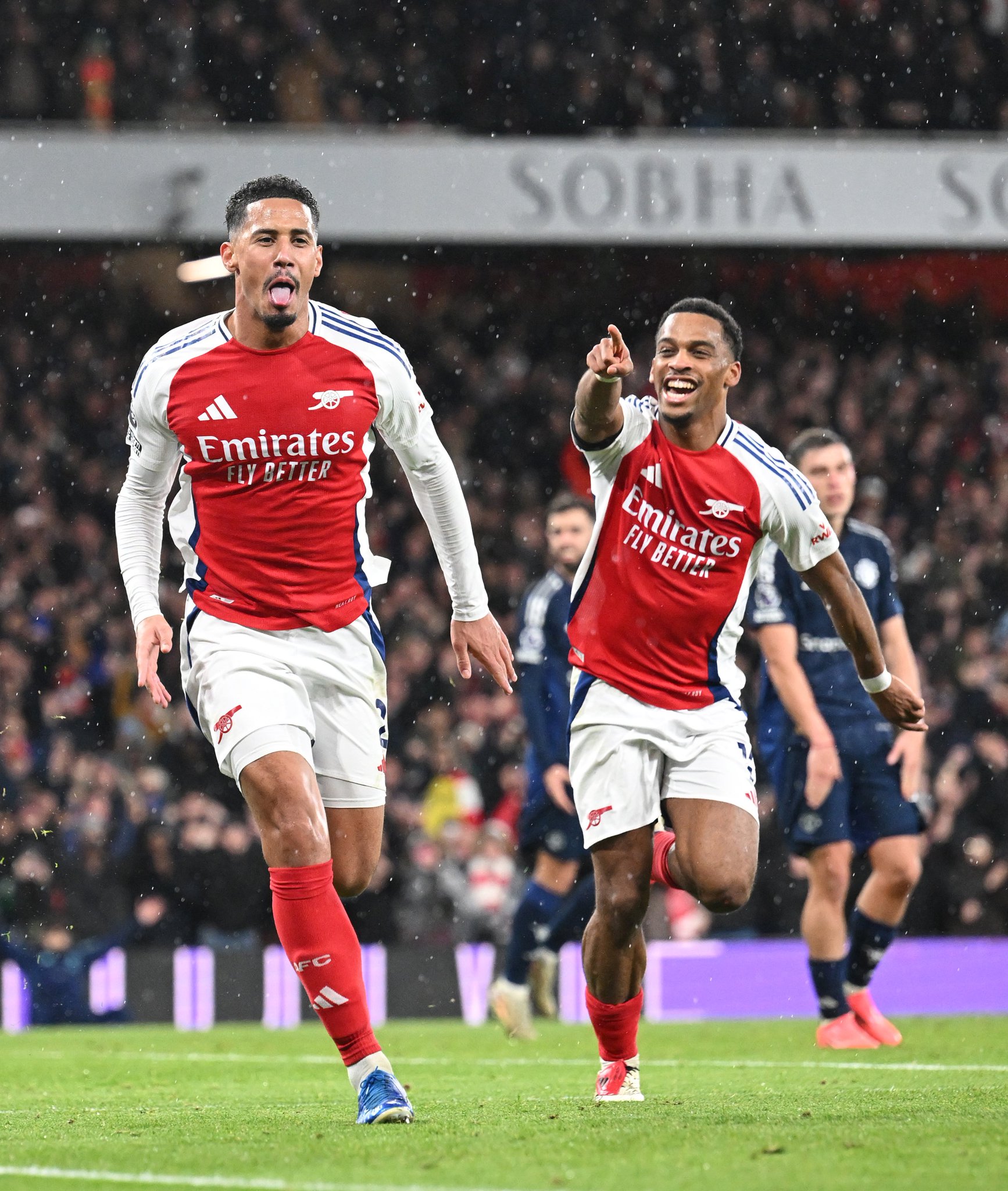 William Saliba celebrates after scoring the winner for Arsenal in the Premier League 2024/25 match against Manchester United at Emirates Stadium on Wednesday 4 December, 2024