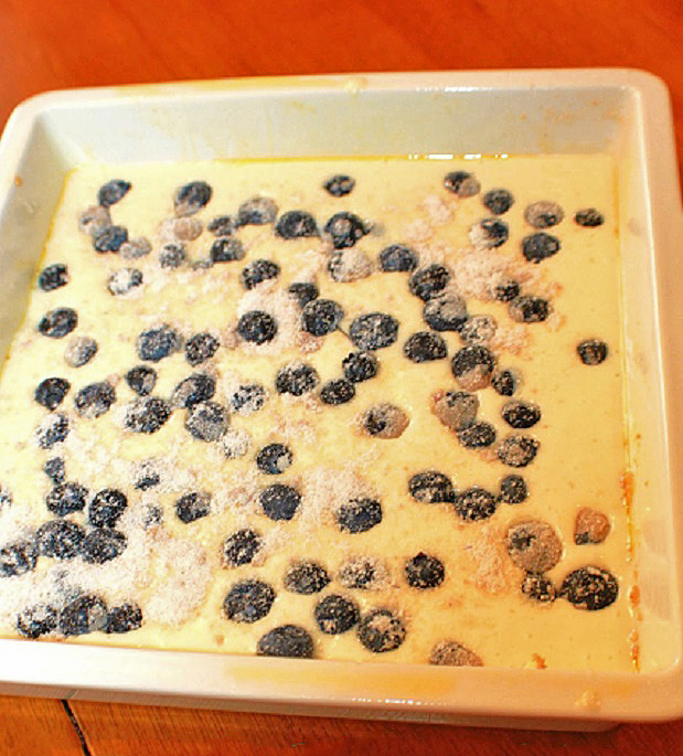 blueberries on top of a filling for cheesecake bars