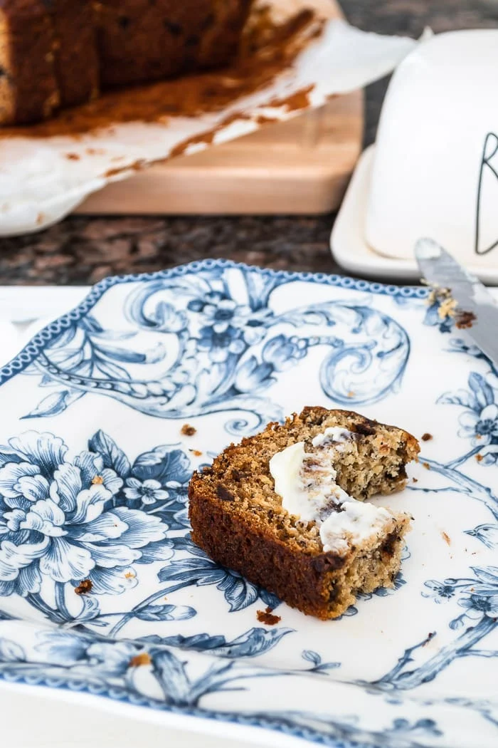 banana bread crumbs, slice with bite taken out