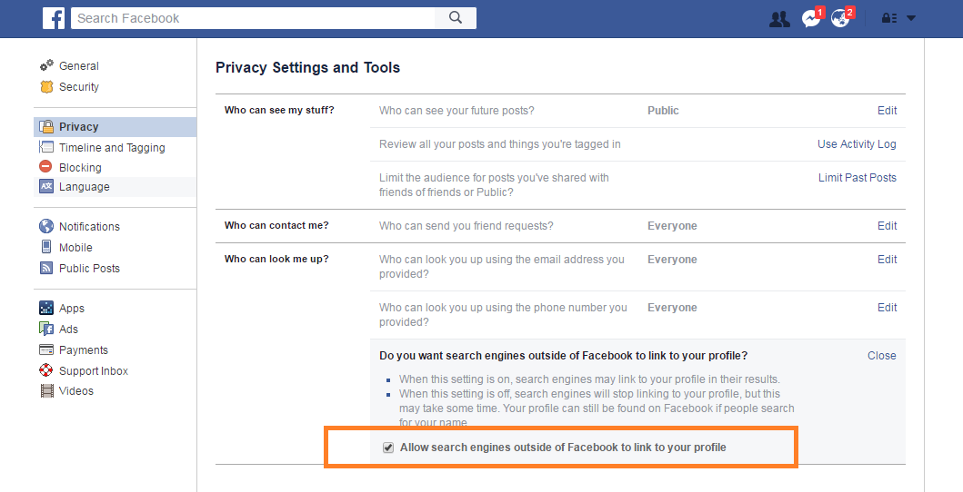 facebook search engine setting