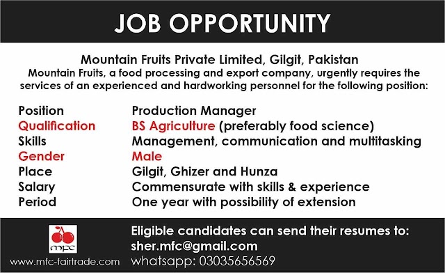 JOB OPPORTUNITY Mountain Fruits Private Limited, Gilgit, Pakistan