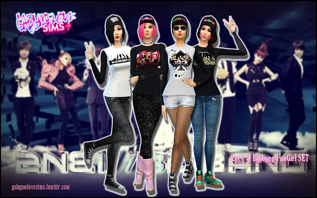 2ne1 & Bigbang FanGirl Clothes SET, Sims 4. By. Gabymelove.