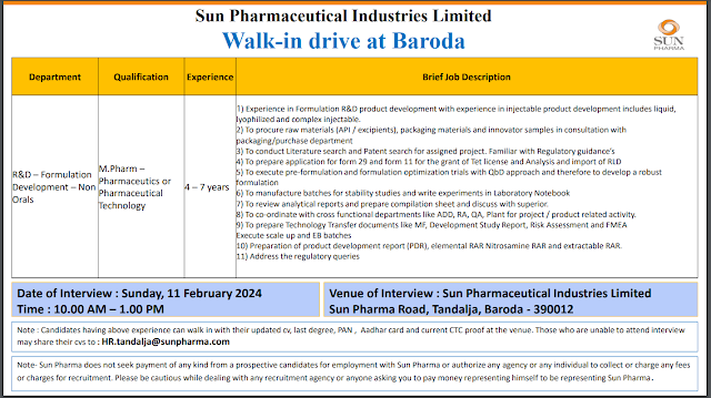 Sun Pharmaceuticals | Walk-in interview for Formulation Development on 11th Feb 2024