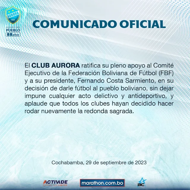 Comunicado del Club Aurora apoyando al Comité Ejecutivo de la Federación Boliviana de Futbol