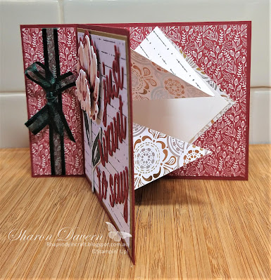 Rhapsody in craft, Cherry Cobbler, Art Gallery, Art Gallery Bundle, Floral Gallery Dies, Birthday Card, Fun Fold, Fancy Fold, Book fold Card, Pop up Fold, Pop up Surprise Card, Simply Elegant Specialty DSP, Tidings of Christmas DSP, Gold Shimmer Vellum, Friendship Card, #colourcreationsblophop, #loveitchopit,Stampin' Up!