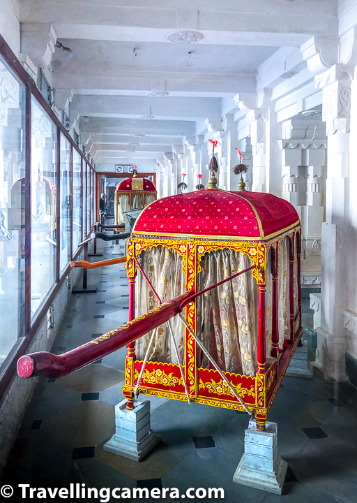 Above photograph shows the section with palanquins used by royal family of Mewar. Apart from these complete palanquins, there is another collection of cloths used in these palanquins. Take a moment to browse the exhibits in the palace museum including priceless artwork and displays of swords/armor.