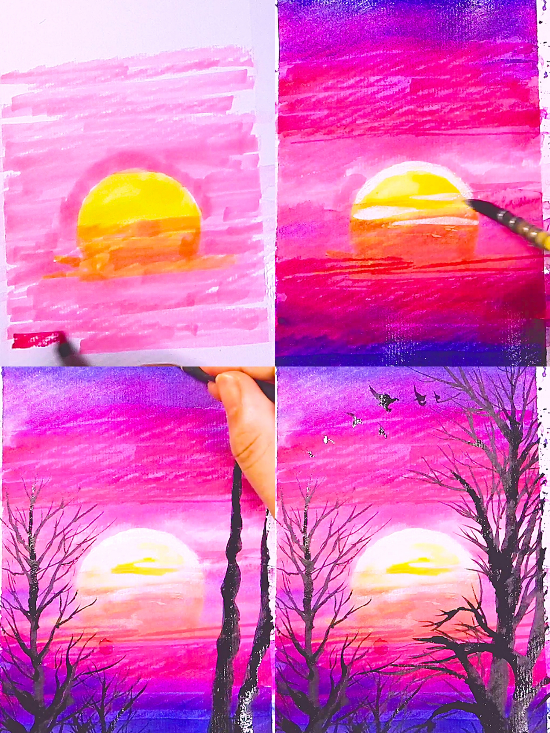2 How to draw watercolor pink style sunset landscape, come to see my online class