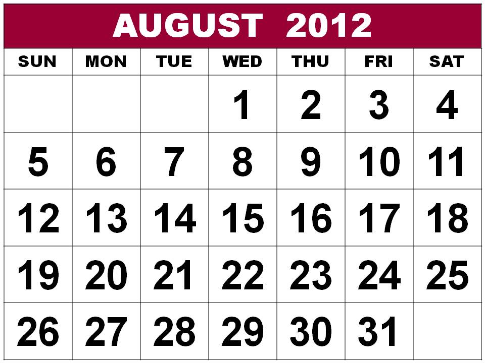 august calendar 2012. August 2012 Calendar