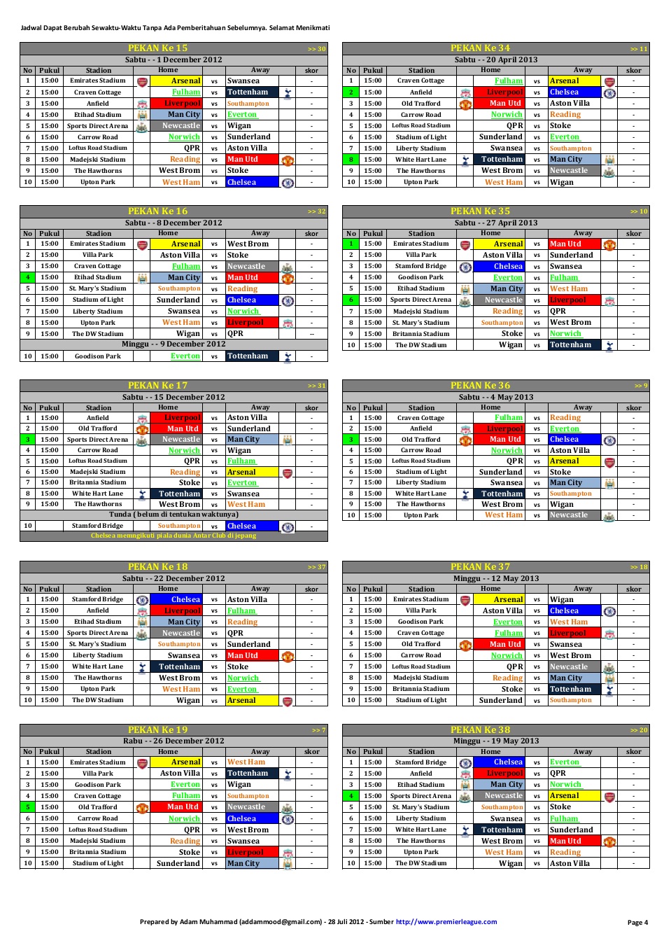 Jadwal Lengkap Liga Primer Inggris Musim | Download Lengkap