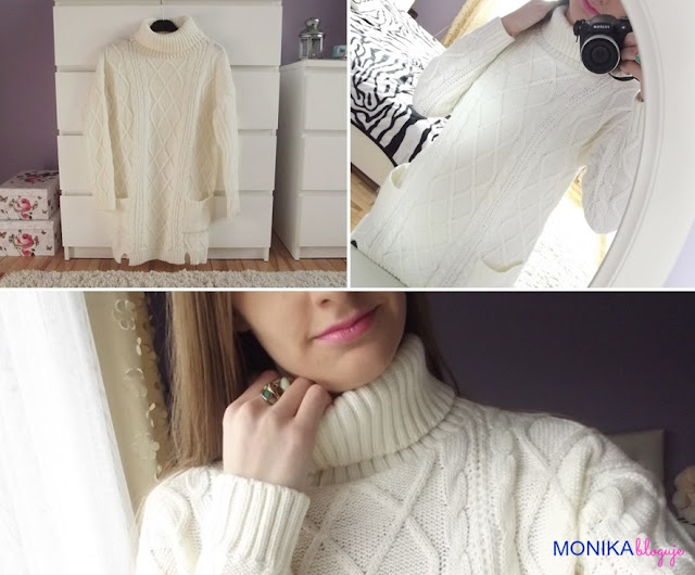 Turtleneck Cable Knit Pockets White Sweater