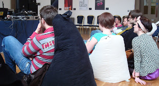 Slouching on the bean bags at a lunchtime recital in the Ulster Hall