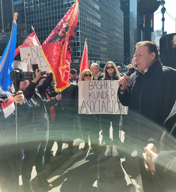 Albanians protesting in New York, Mark Gjonaj speaking