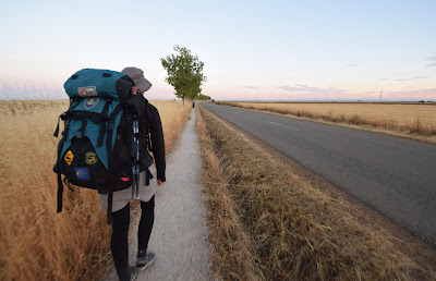 Pilgrim in Meseta on the Camino de Sanitago in Spain.