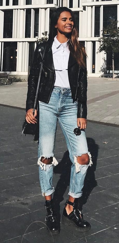 street style perfection: ripped jeans + boots + bag + shirt + biker jacket
