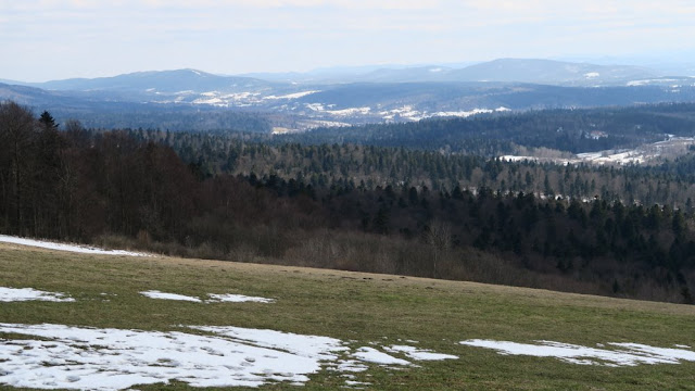 widoka ze szczytu szybowiska w Bezmiechowej na góry, lasy, z resztkami topniejącego śniegu