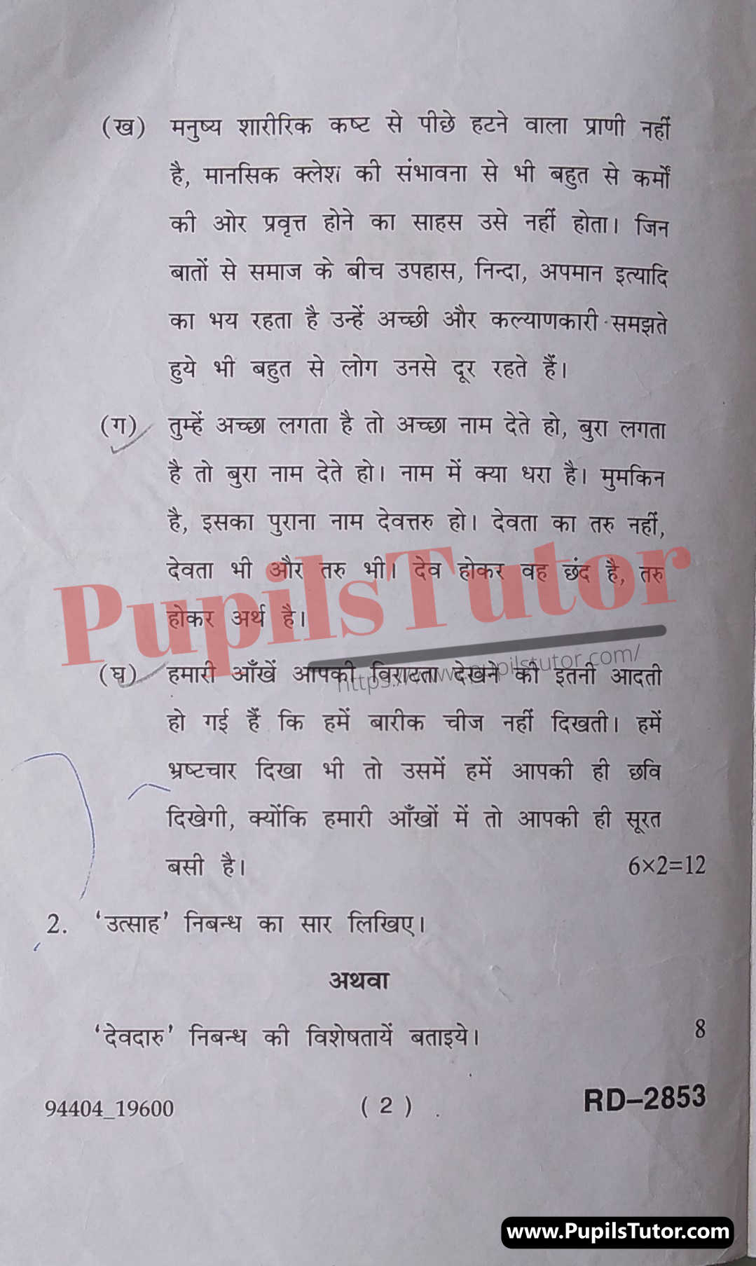 M.D. University B.A. Hindi (Compulsory) Sixth Semester Important Question Answer And Solution - www.pupilstutor.com (Paper Page Number 2)