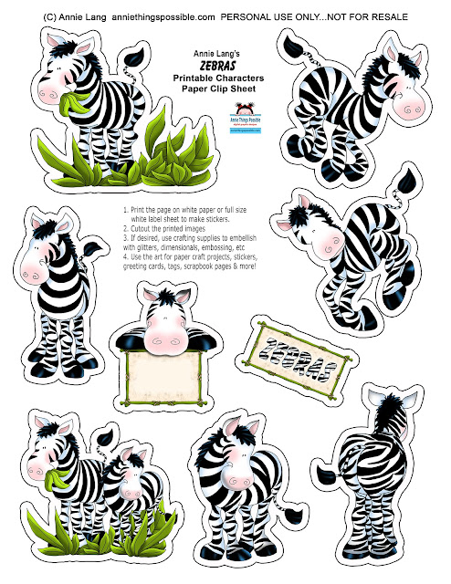 You'll find a whole herd of Annie Lang's silly zebra characters on this FREE printable project sheet because Annie Things Possible when you DIY!