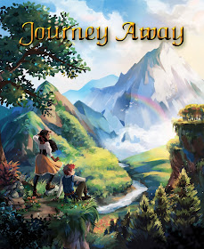 A scenic view of a forest, hills, and mountains, with trees peeking into view. Two people sit and look off a gentle cliff, one in a vest, long sleeved shirt, pants, and boots, and the other in a skirt, tights, waist cincher, shirt, and boots. The title text "Journey Away" is in gold.