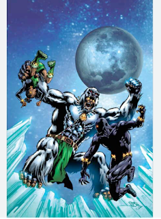 M'Baku battling the Black Panther and Shuri. He's holding Shuri in one hand and preparing to hit T'Challa with the other. Behind him is the full moon.