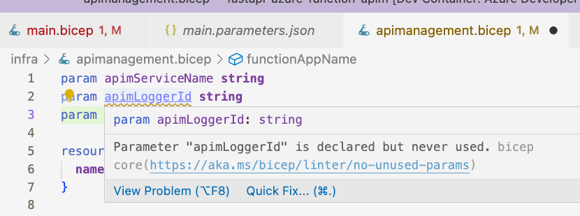 Screenshot of Bicep extension erroring on dead code