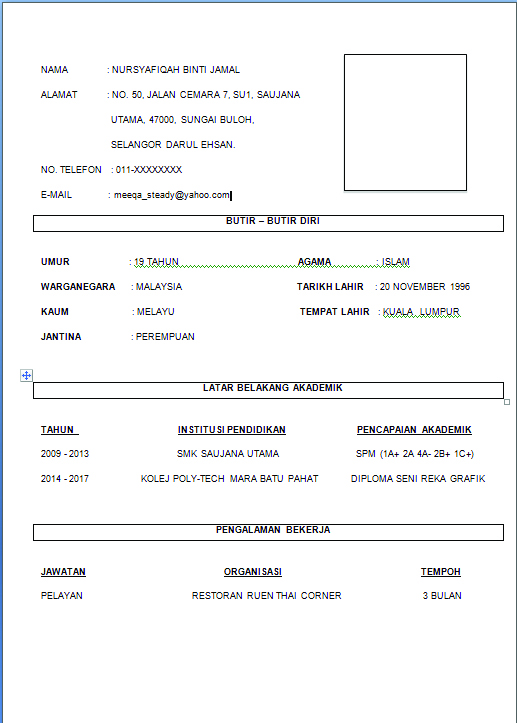 Tulisan Seorang Pelajar: Contoh Resume