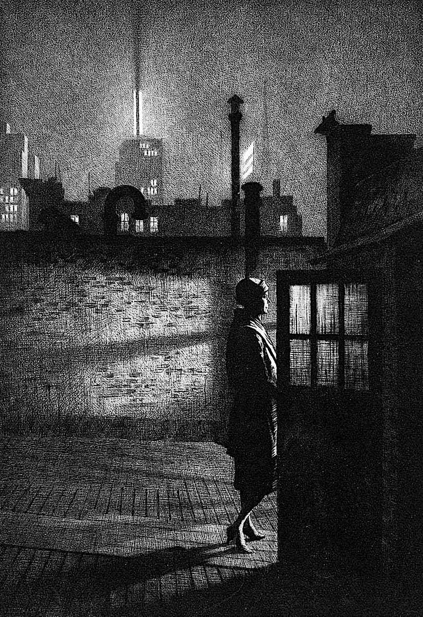 a Martin Lewis print of a woman at night on a roof top