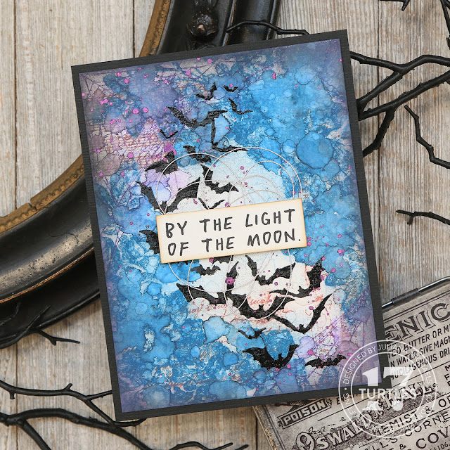 By The Light Of The Moon Halloween Card by Juliana Michaels featuring stamps from the Tim Holtz Stampers Anonymous Halloween 2022 - Gothic Tapestry, Exquisite, Unraveled and The Scarecrow