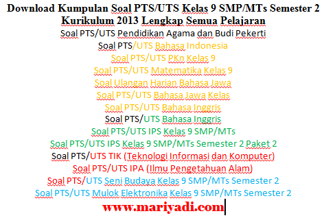 Soal Pts Uts Matematika Kelas 9 Smp Mts Semester 2 Kurikulum 2013