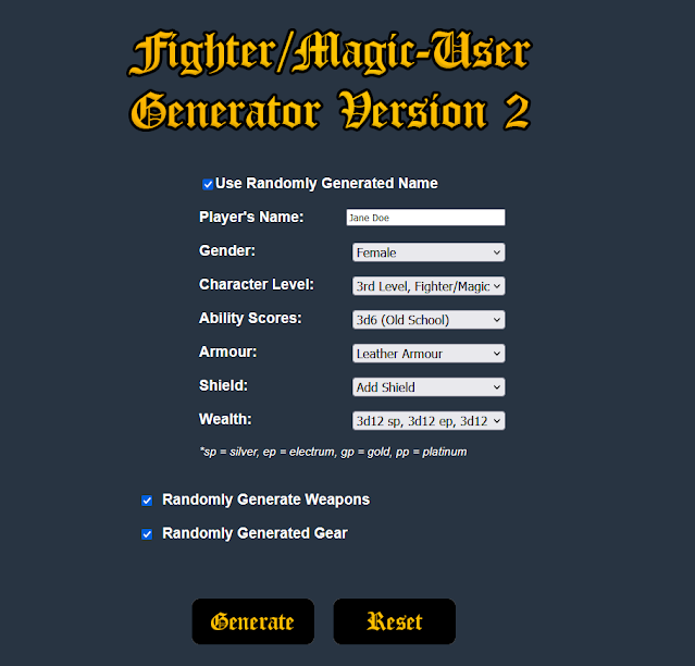 Basic Fantasy RPG FIghter/Magic-User Generator Version 2