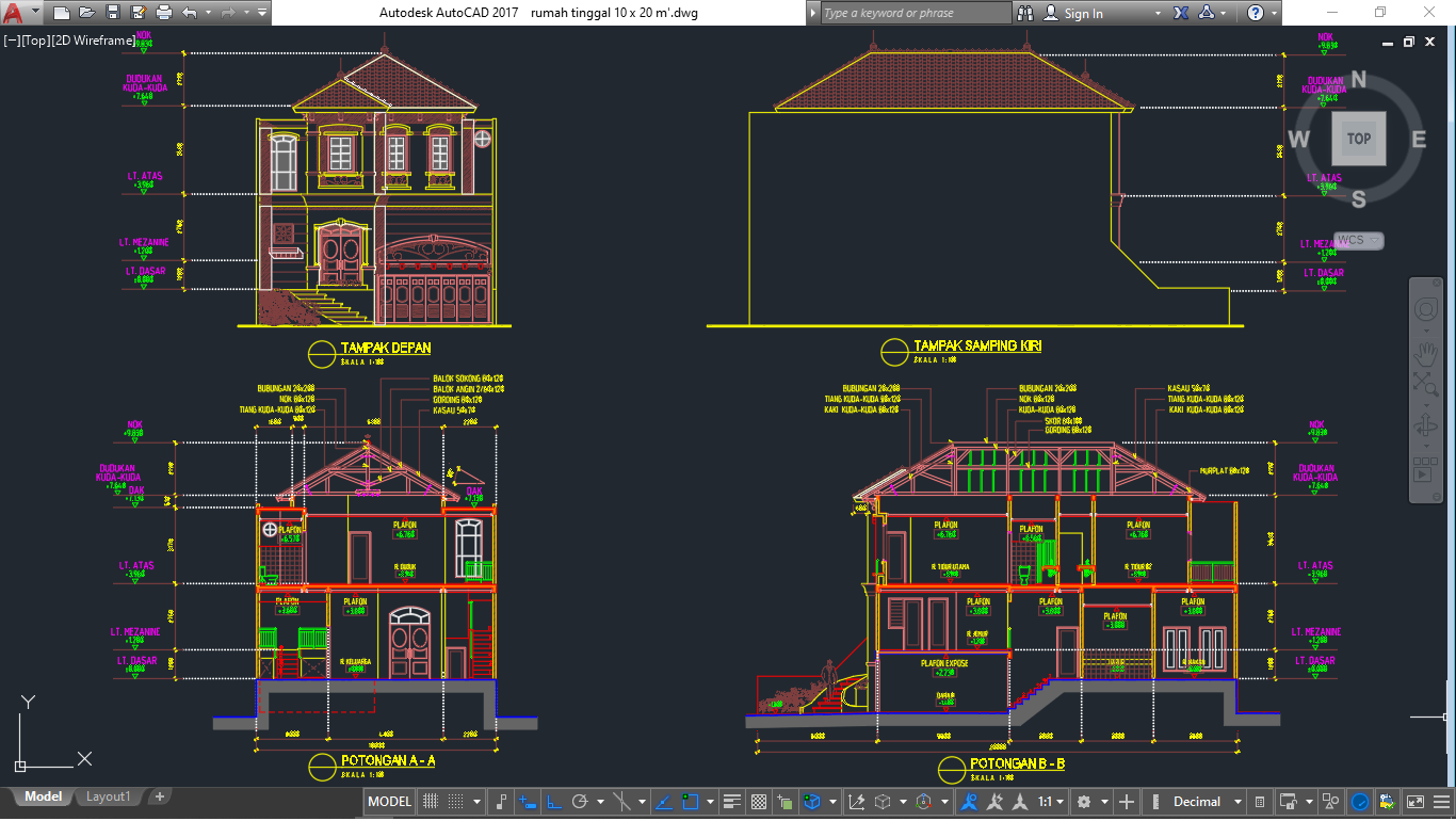 Referensi Gambar  Desain Autocad Rumah  Tinggal Tipe 10x20 m 