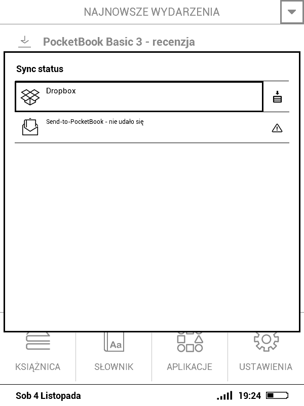 Zrzut ekrany ze statusem synchronizacji usług Dropbox i Send-to-PocketBook na czytniku PocketBook Basic 3