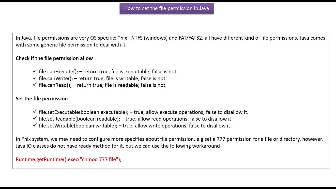 Java Buzz Forum Java Tutorial Java Io Java File How To Set The File Permission Java Buzz Forum Java Tutorial Java Io Java File How To Set The File Permission