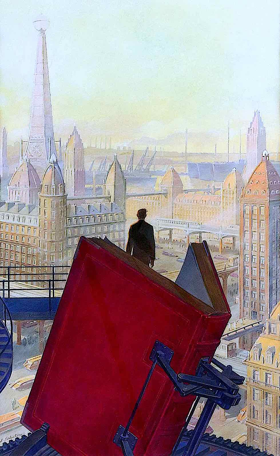 François Schuiten, a man looks out at a city from a giant book