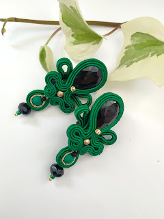 Green black gold soutache earrings