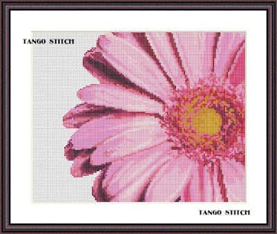 Pink gerbera flower cross stitch hand embroidery pattern - Tango Stitch