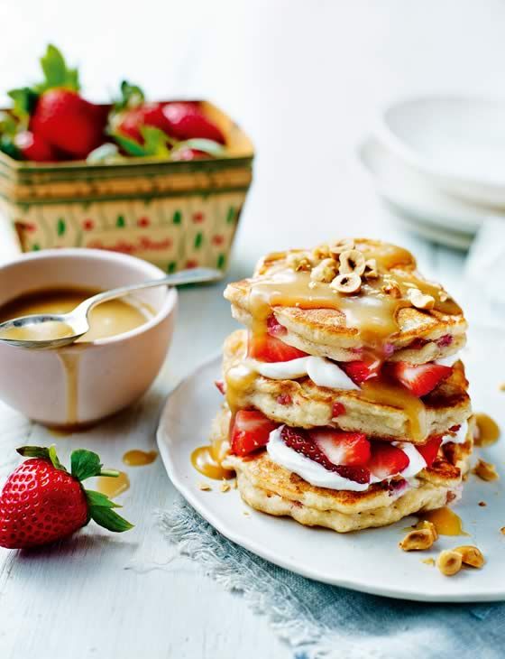 Strawberry ricotta pancakes with salted caramel sauce.