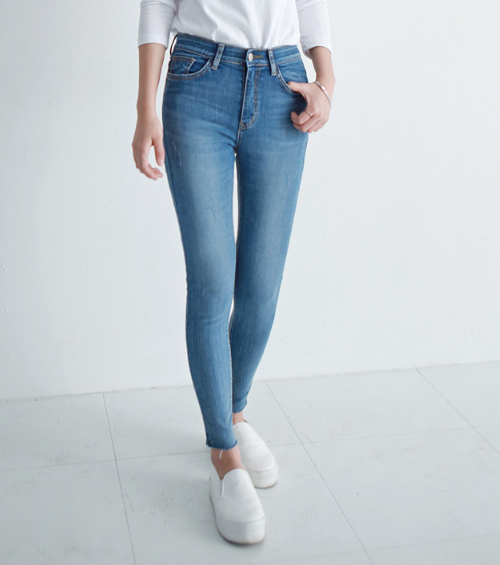 High Waist Scratched Washed Skinny Jeans