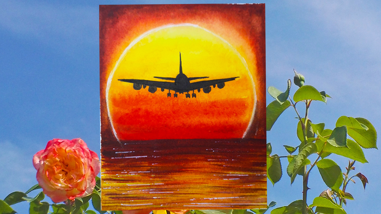 How to draw Watercolor airplane in the sunset landscape step by step tutorial for beginner