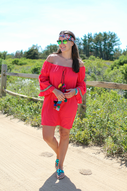 Off the shoulder pink pom tassel dress