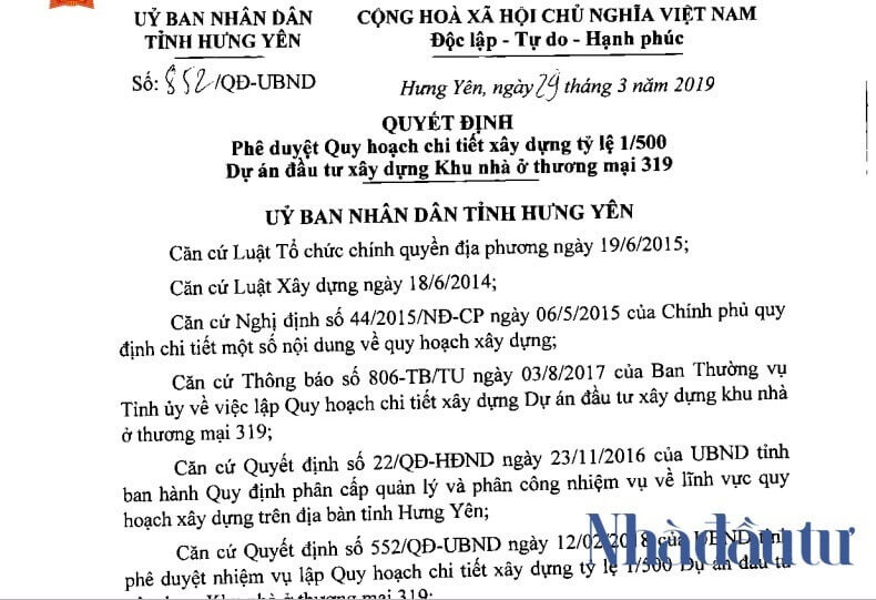 Quyết định phê duyệt dự án 319 Hưng Yên.