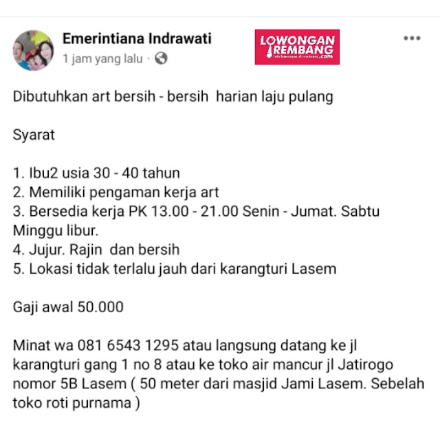 Lowongan Kerja Pegawai Asisten Rumah Tangga Bersih Bersih Harian Laju Pulang Rembang Tanpa Syarat Ijazah