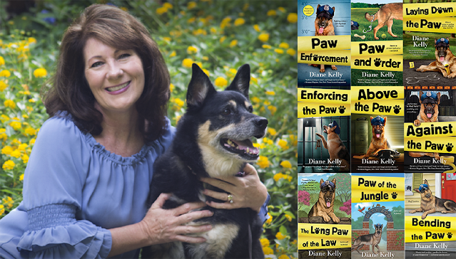 Here’s Diane Kelly with her dog Junior and the 9 covers of her “Paw Enforcement” Series.