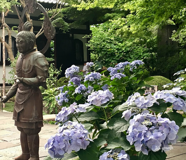 Hortensias y figura en el templo Hase Dera