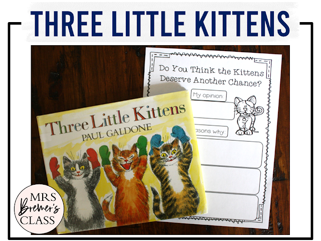 Three Little Kittens book activities unit with literacy printables, reading companion activities, lesson ideas, and a craft for winter in Kindergarten and First Grade