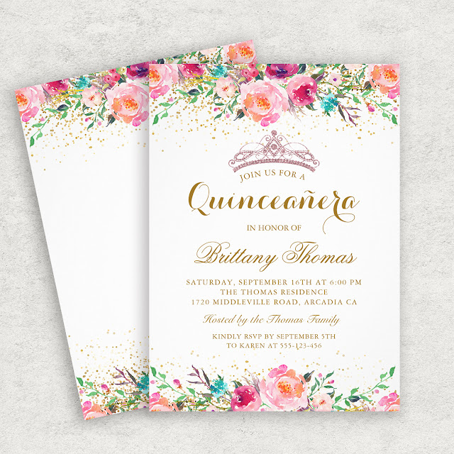  Pink Floral Tiara Quinceanera 15th Birthday Invite
