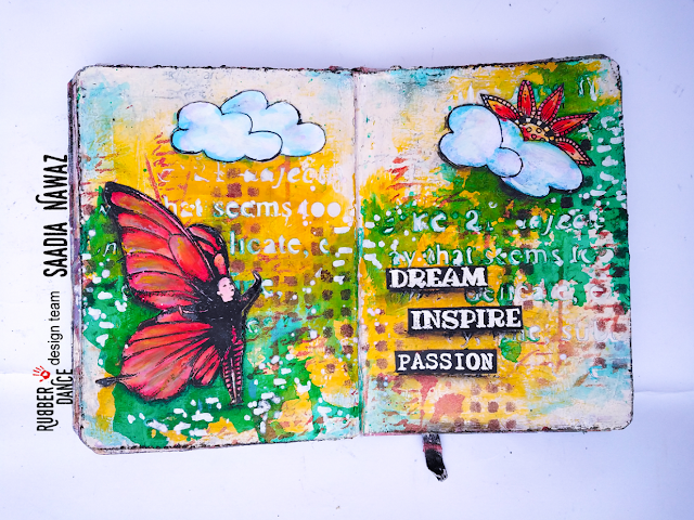 Art journal spread with Rubber Dance stamps, acrylic paints 