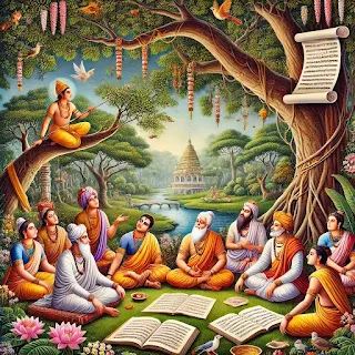 यह चित्र संस्कृत काव्यशास्त्र (साहित्य और अलंकारशास्त्र) से प्रेरित है। इसमें प्राचीन भारतीय विद्वानों को एक वट वृक्ष के नीचे बैठकर काव्य और सौंदर्यशास्त्र पर चर्चा करते हुए दर्शाया गया है। ताड़पत्र की पांडुलिपियों, प्राकृतिक वातावरण, और बहती नदी के साथ यह दृश्य संस्कृत काव्य की गहराई और सांस्कृतिक समृद्धि को प्रदर्शित करता है।