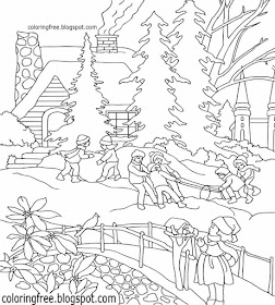 Kids playing snow ball lovely winter castle landscape coloring Christmas scene illustration designs