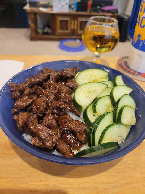 Dinnerly Teriyaki Beef (steak strips) with cucumber and coconut rice